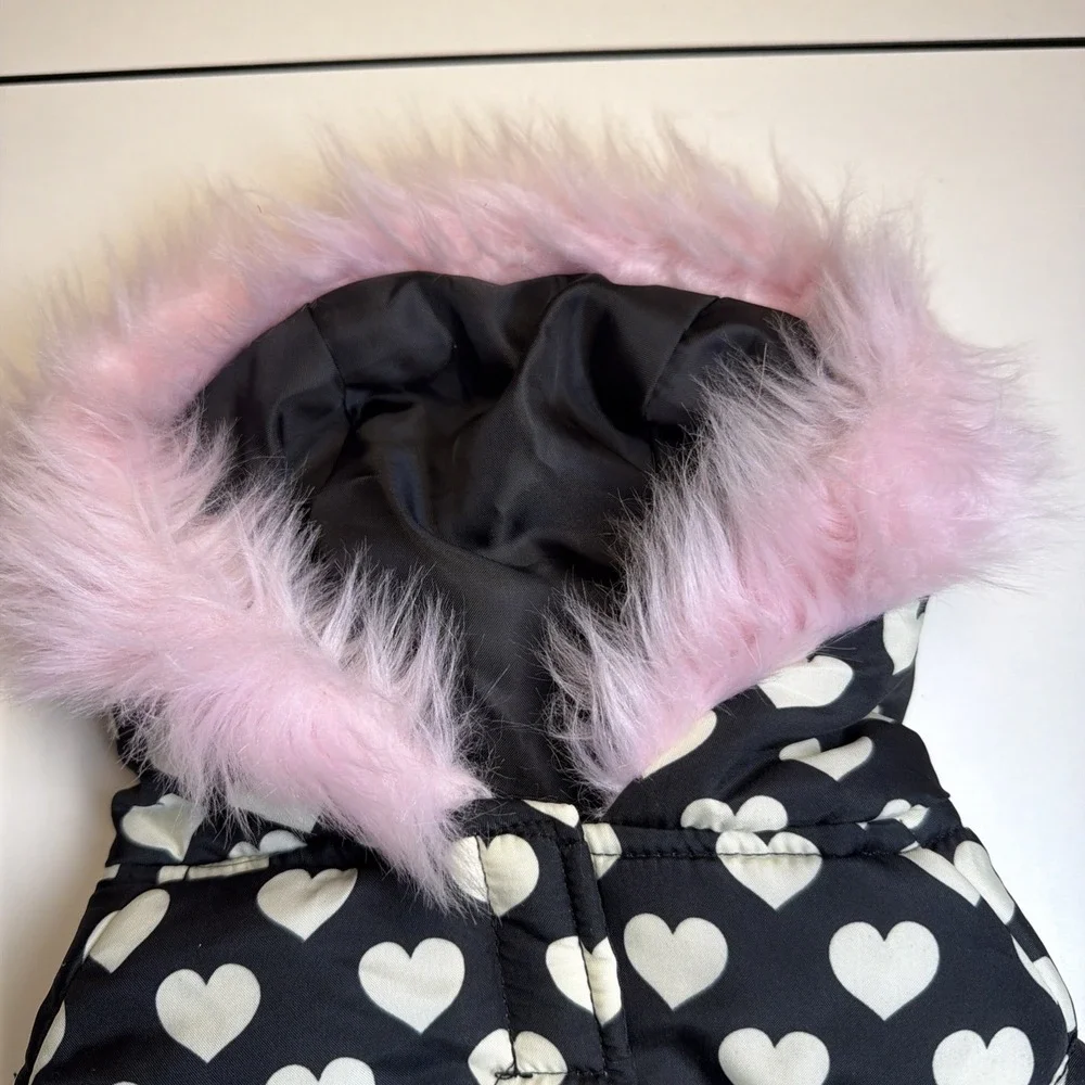 Dog Puffer Hoodie Jacket Winter Coat Outdoor Black White Hearts Pink Trim Bow Sm